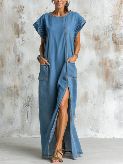 Loose Fit Blue Denim Maxi Dress with Contrast Stitching