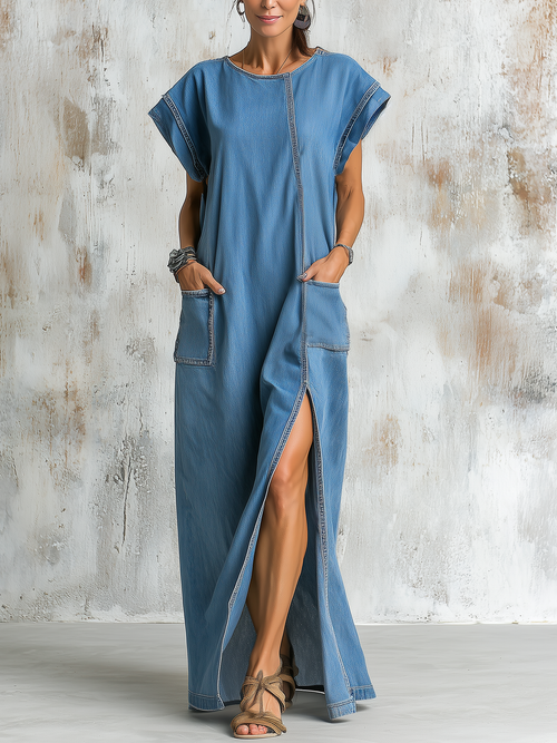 Loose Fit Blue Denim Maxi Dress with Contrast Stitching