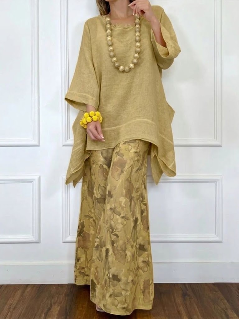 Loose-Fit Casual Linen and Cotton Top and Floral-Print Pants Two-Piece Set