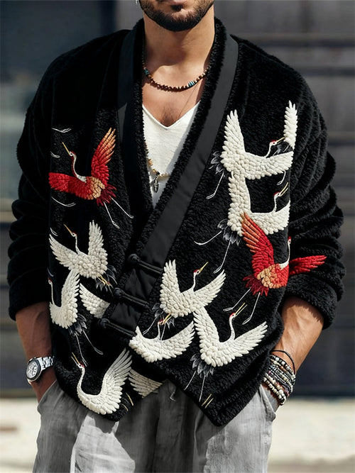 Men's Japanese Cranes Embroidered Cozy Fleece Kimono Cardigan