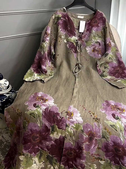 V-Neck Long-Sleeve Vintage Positioning Print Casual Loose Cotton and Linen Dress