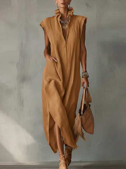 Ruffle Collar Cotton Linen Midi Dress with Elegant Summer Dress