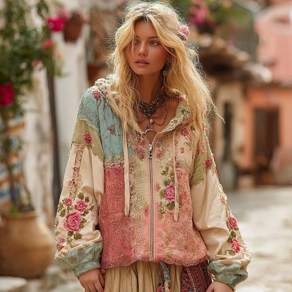 Floral Embroidery Colorblock Boho Casual Zip-Up Hoodie