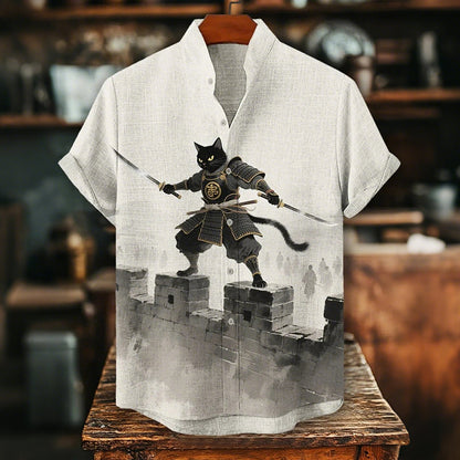 Men's Black Cat Samurai Swordsman Print Short-Sleeve Shirt