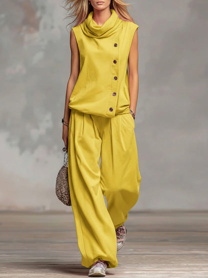 Solid Color Stand-Collar Sleeveless Casual Loose Cotton Top and High-Waisted Loose Wide-Leg Pants Set