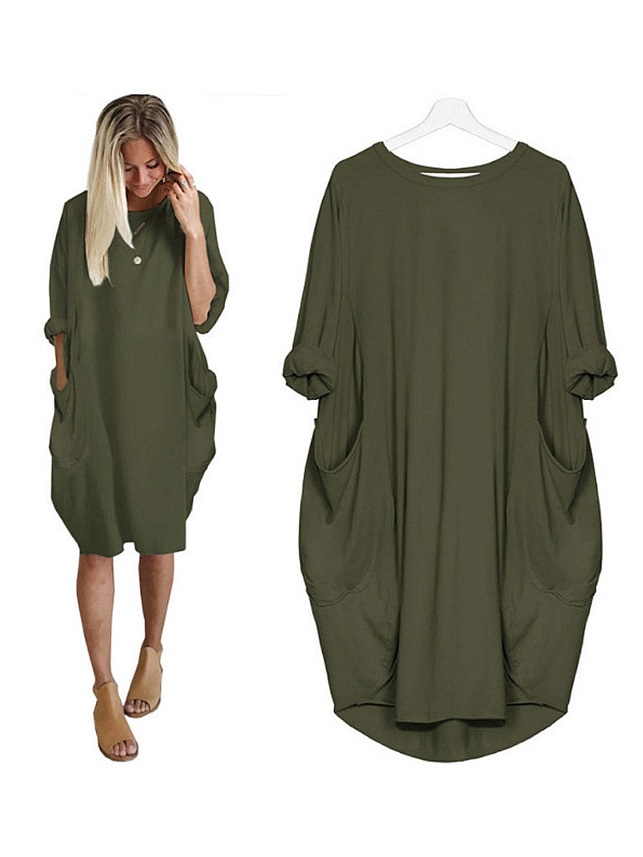 Solid Color Loose Elegant Casual Long-Sleeved Pocket Dress