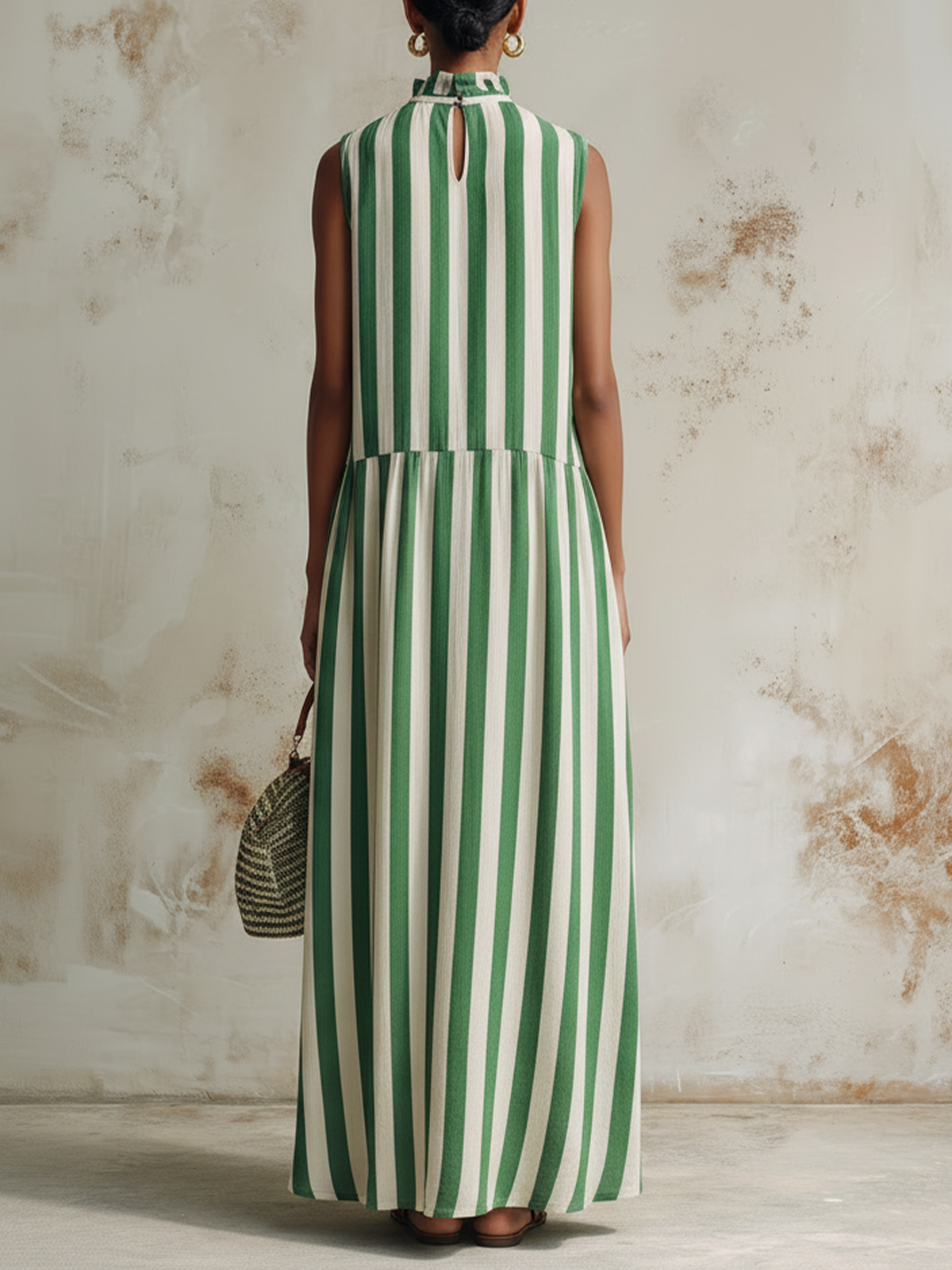 Green and White Striped Sleeveless Maxi Dress with Ruffle Neck