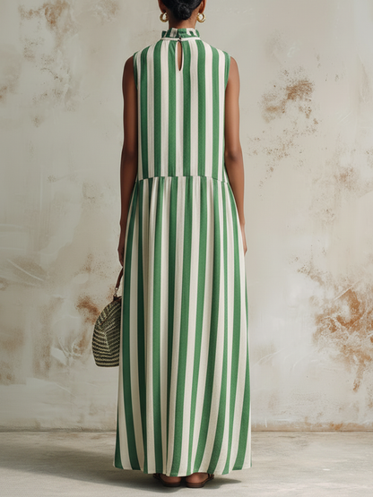 Green and White Striped Sleeveless Maxi Dress with Ruffle Neck