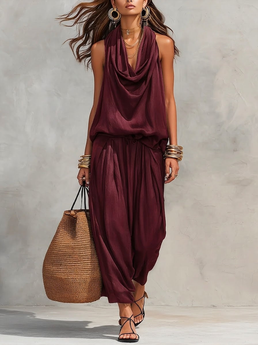 Cozy Elegant Draped Sleeveless Top and Pants Two-Piece Set