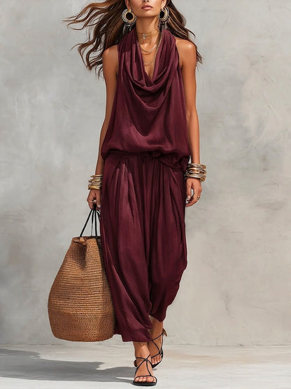 Cozy Elegant Draped Sleeveless Top and Pants Two-Piece Set