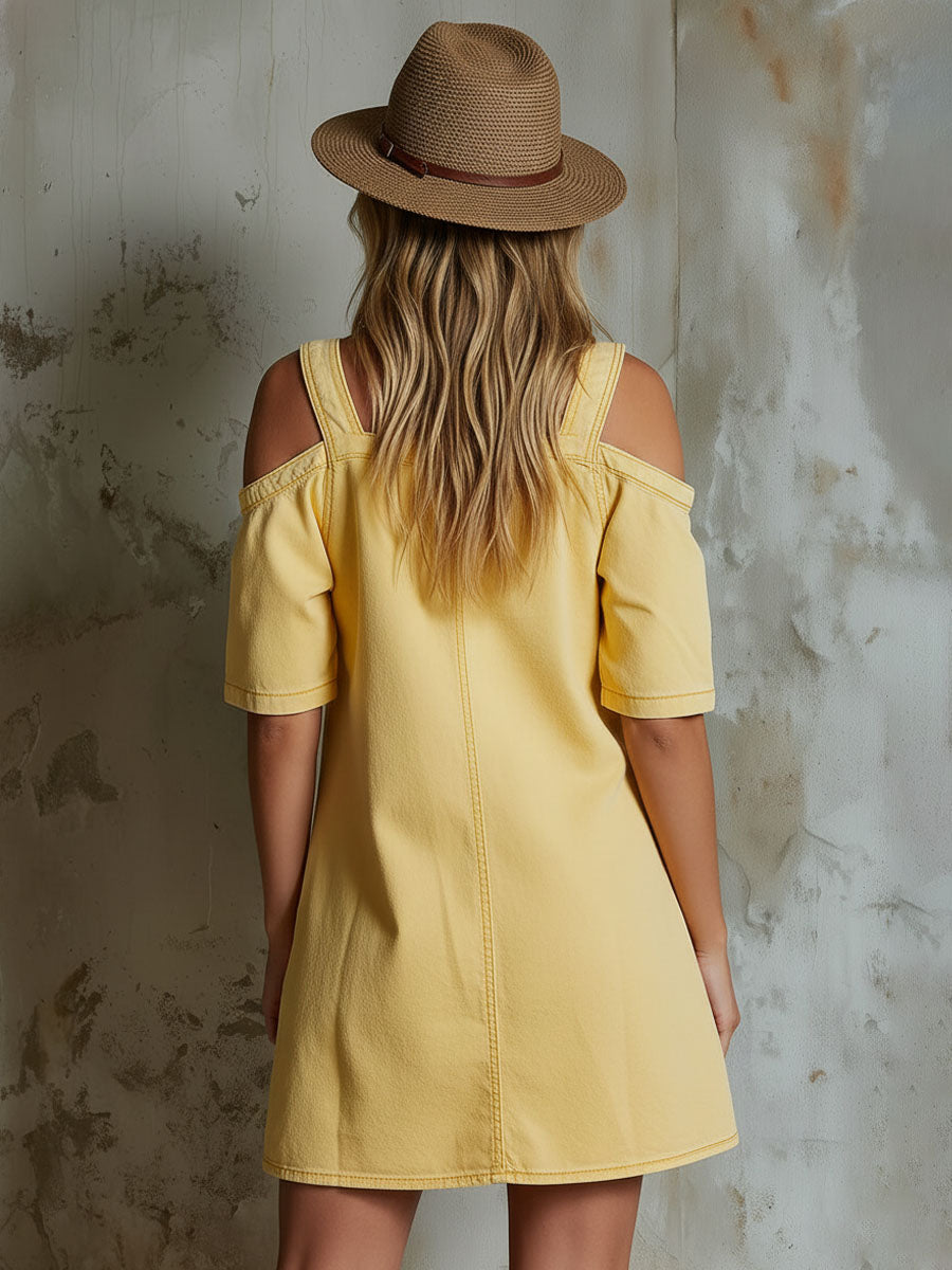 Loose-Fitting Cold-Shoulder Short-Sleeved Single-Breasted Mini Dress