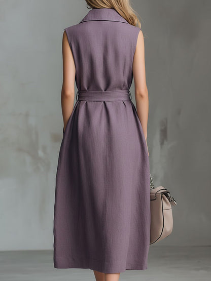 Solid Color Lapel Sleeveless Casual Loose Cotton and Linen Dress