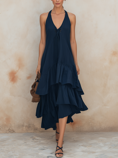 Navy Halter Neck Tiered Ruffle Midi Dress with Lace-Up Front
