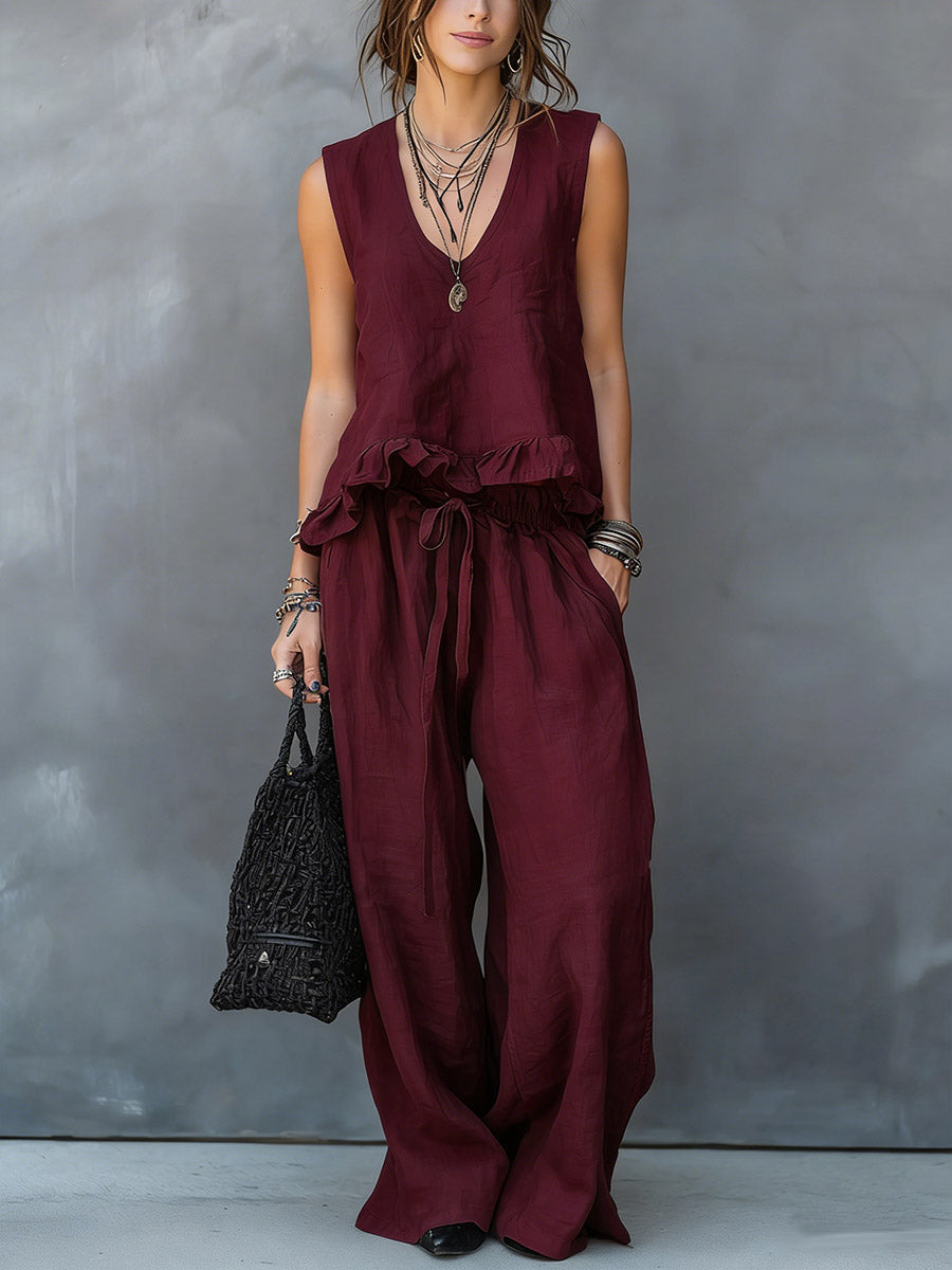V-Neck Sleeveless Casual Loose Cotton Top with Elastic Waist and Wide-Leg Pants Cotton Linen Set