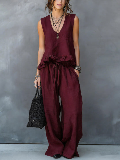 V-Neck Sleeveless Casual Loose Cotton Top with Elastic Waist and Wide-Leg Pants Cotton Linen Set