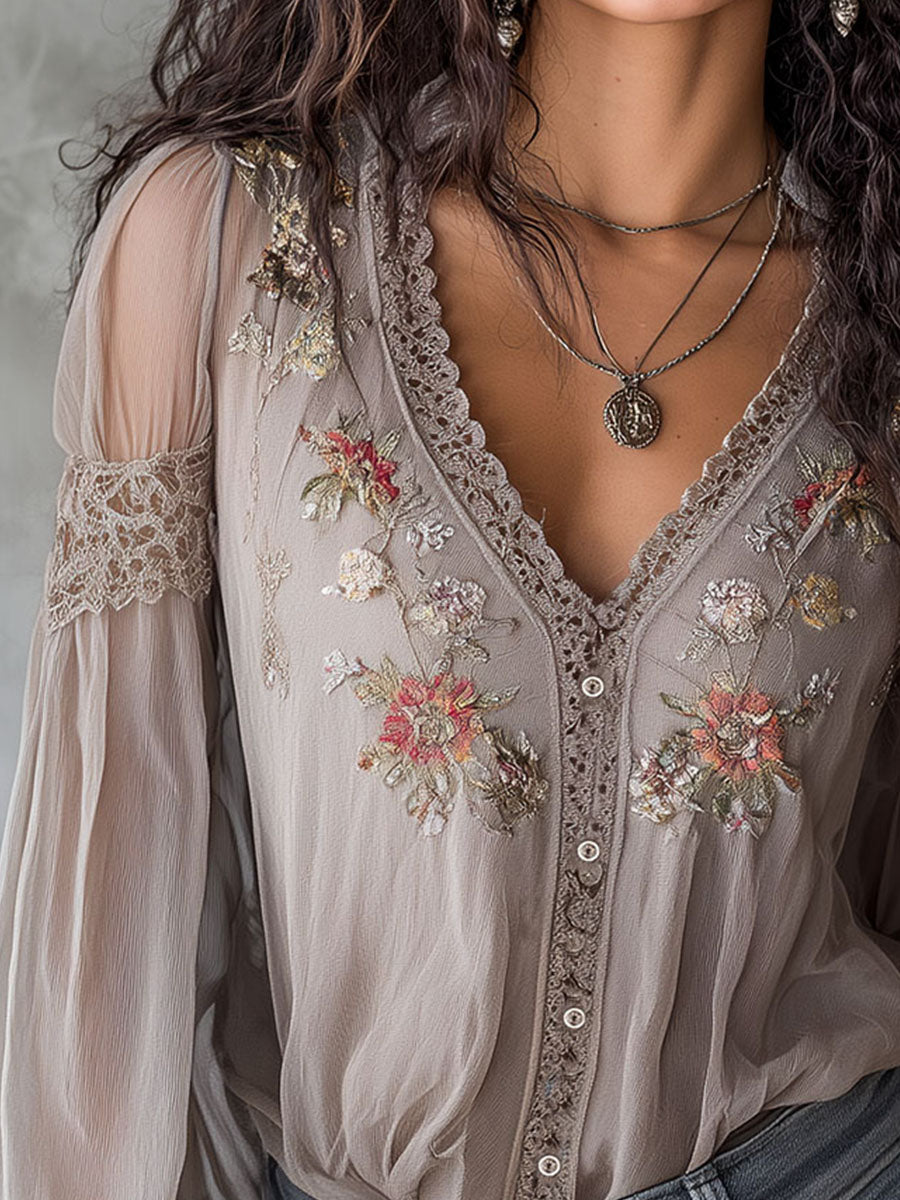 Romantic Floral Embroidered Sheer Blouse with Lace Trim