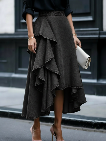 Ruffled Denim Skirt with Elegant Tiered Casual Style