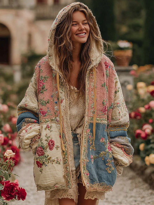 Vintage Floral Colorblock Warm Zip Hoodie Cardigan