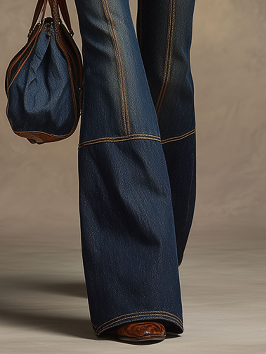 Retro Brown Double-Stitched Navy Jeans