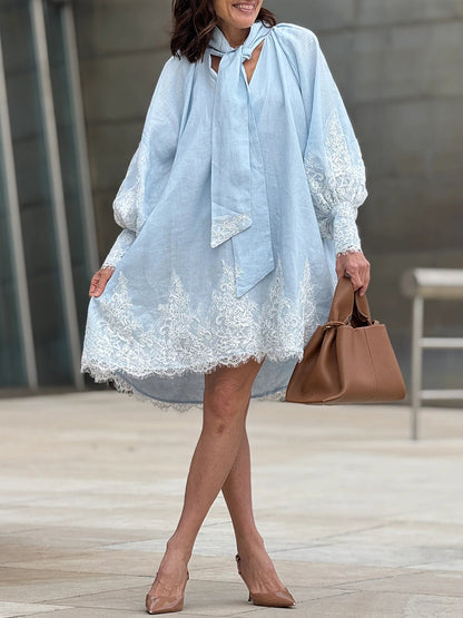 Loose-Fitting Patchwork Lace Linen and Cotton Dress