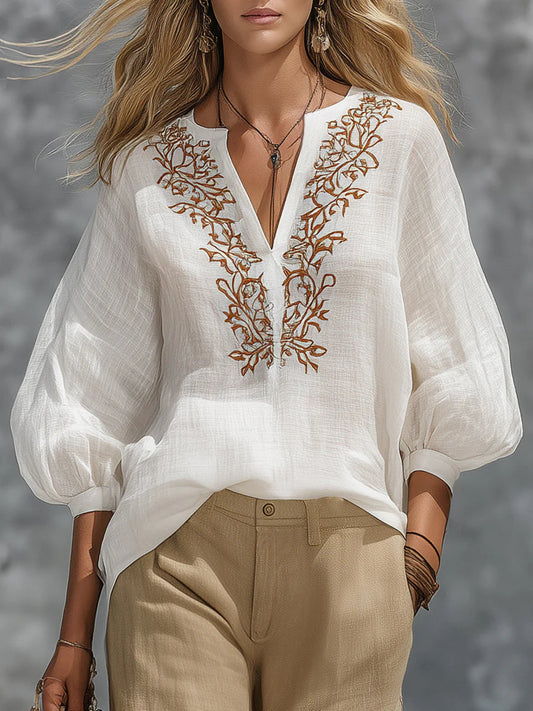 Loose-Fitting V-Neck Linen and Cotton Shirt