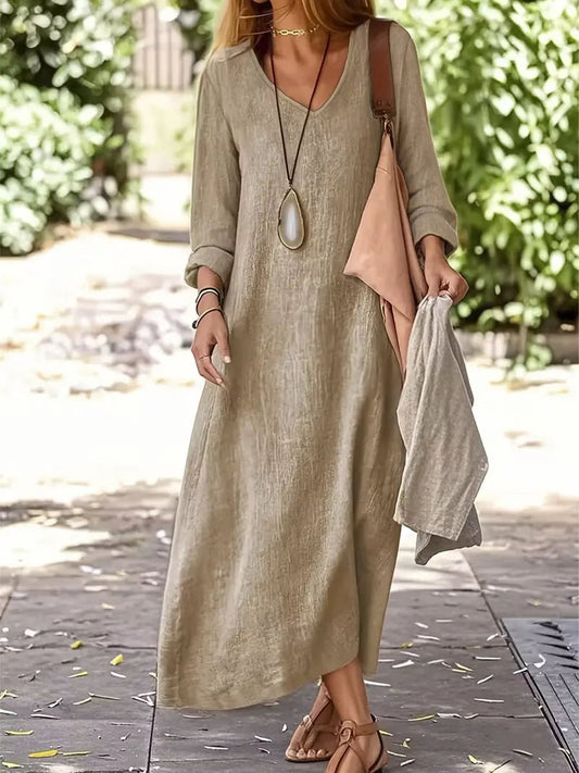 Loose Solid Color Art Casual Cotton and Linen Dress