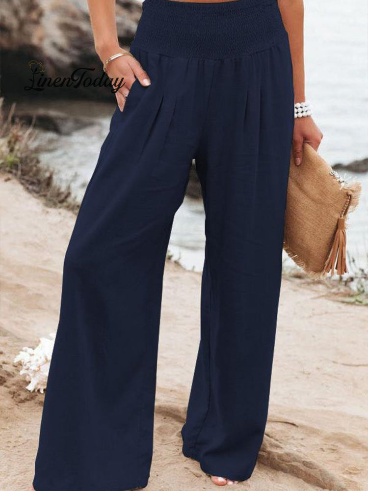 Cotton and Linen Waist-Waisted Wide-Leg Pants