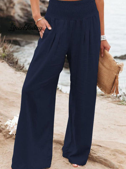 Cotton and Linen Waist-Waisted Wide-Leg Pants