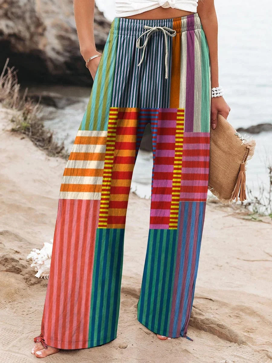 Colorful Patchwork Striped Cotton Linen 3/4-Sleeve Shirt