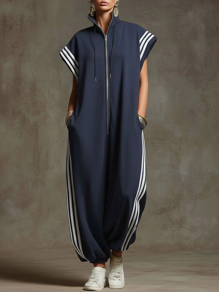 Relaxed Stand-Collar Short-Sleeved Casual Loose Cotton Wide-Leg Jumpsuit