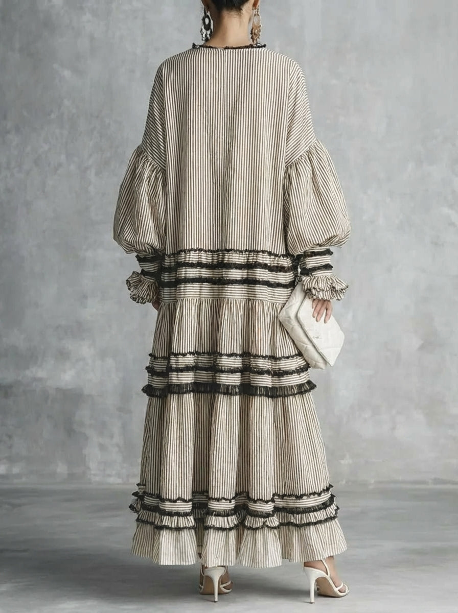 Casual Stylish Vacation Art Striped Ruffled Cotton Maxi Dress