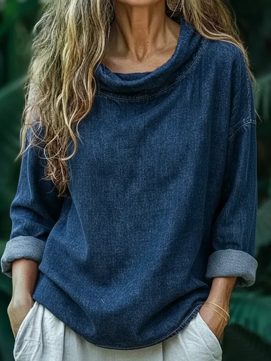 Stylish Retro Art Casual Swing Collar Denim Shirt