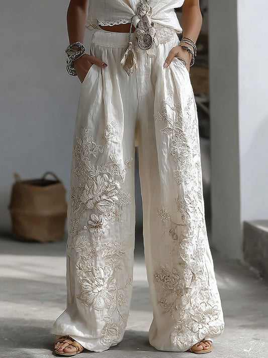 Retro Floral Lace Patchwork Art Casual Pocket Linen Pants