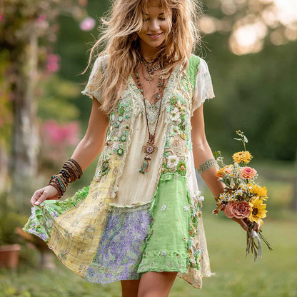 Retro Floral Splicing Cotton and Linen Short Dress
