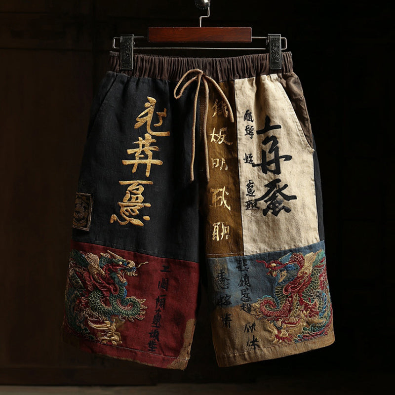 Men's Japanese Dragon Pattern Colorblock Linen Casual Shorts