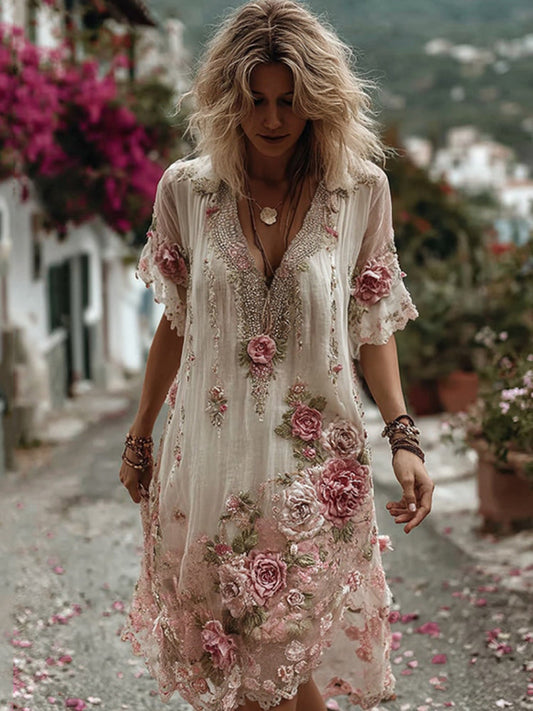 Vintage Floral Embroidery Short-Sleeved Dress