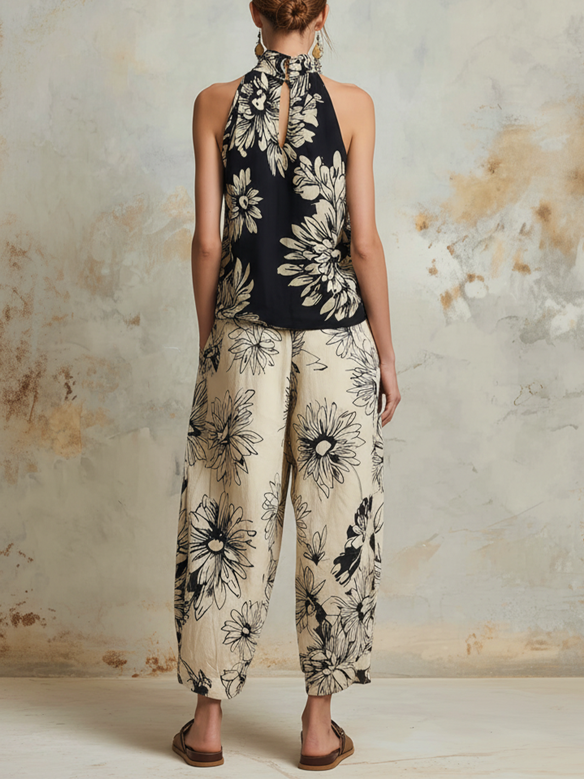 Black and Beige Floral Halter Top and Wide-Leg Pants Two-Piece Set