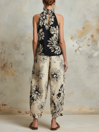 Black and Beige Floral Halter Top and Wide-Leg Pants Two-Piece Set