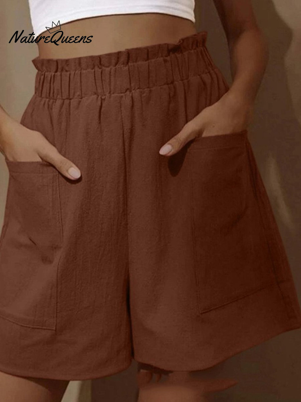 Cotton and Linen Wear High-Waisted Shorts with Buds