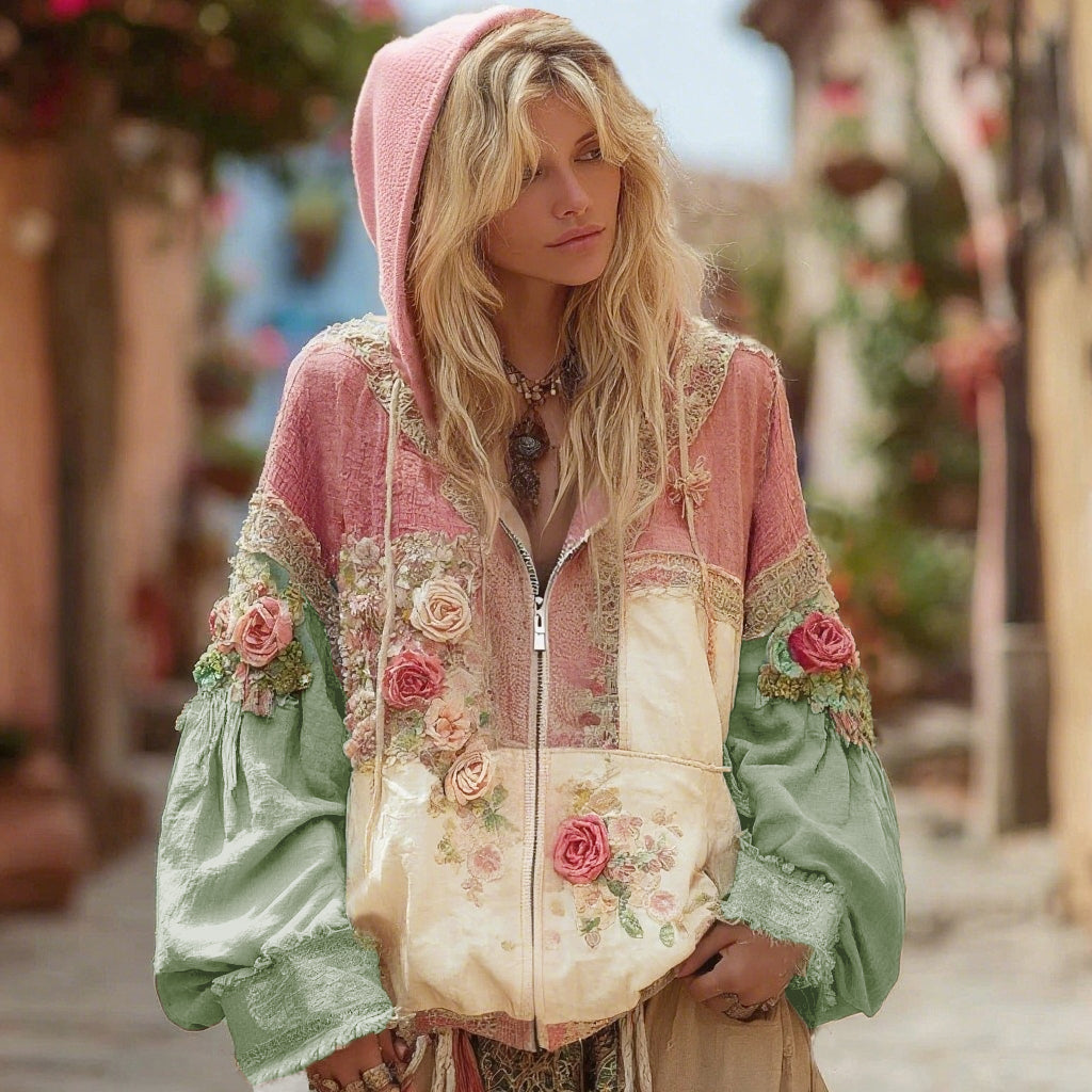 Floral Embroidery Colorblock Boho Casual Zip-Up Hoodie