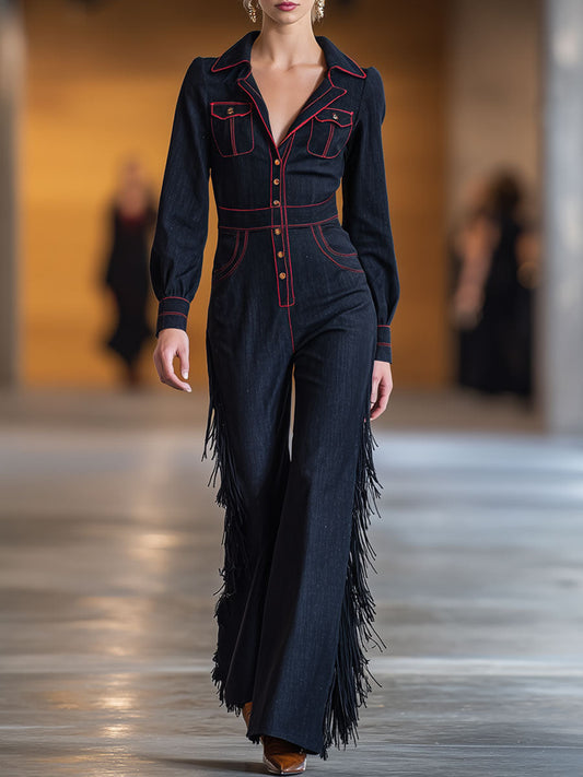 Retro Red Topstitched Navy Denim Long-Sleeve Flared Tassel Jumpsuit