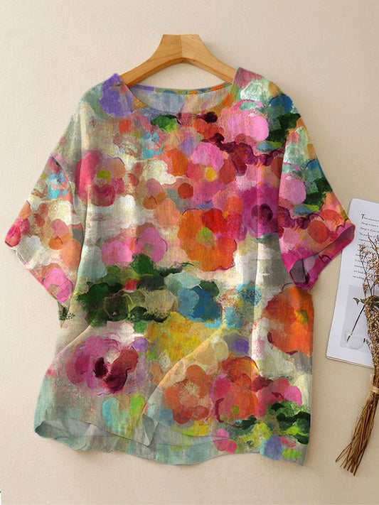 Vintage Flowers Art Print Casual Linen Crew Neck Shirt