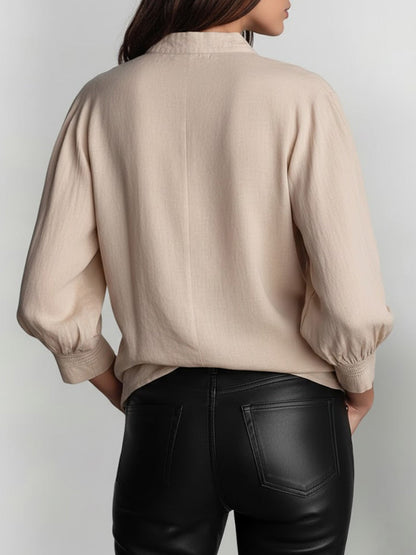 Solid Color Lapel Long-Sleeved Casual Loose Cotton and Linen Top
