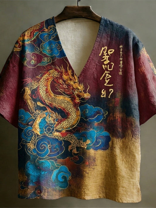 Men's Retro Japanese Dragon and Calligraphy Art Short-Sleeve V-Neck T-Shirt