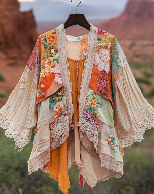 Summer Cardigan with Gradient Stitching and Embroidery F3a2