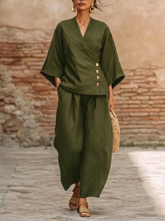 Minimalist and Elegant Metal Buttons Cotton-Linen Two-Piece Set