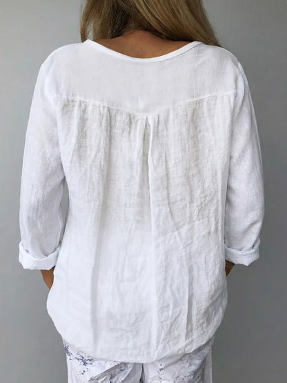 V-Neck Long-Sleeved Cotton and Linen Top