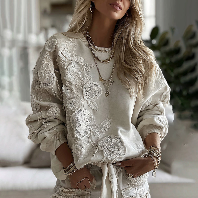 Retro Floral Lace Patchwork Art Cozy Crew Neck Sweatshirt