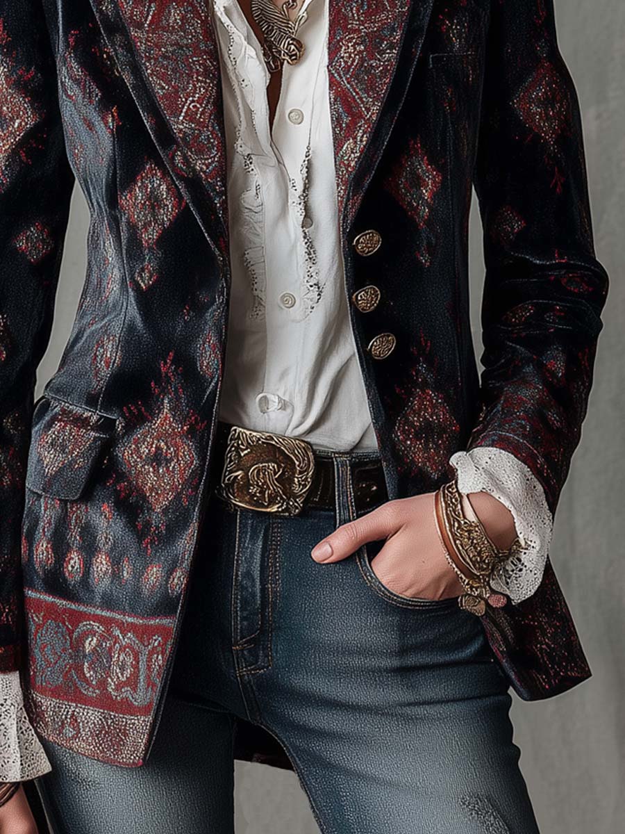 Retro Ethnic Print Polyester Velvet Mid-Length Blazer