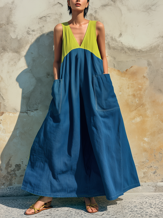 Blue and Green Colorblock Tencel Denim Sleeveless Maxi Dress